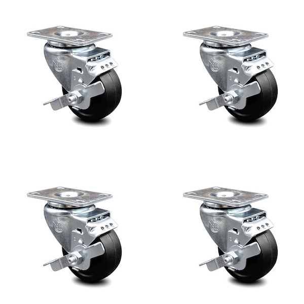 3 Inch Soft Rubber Wheel Swivel Top Plate Caster Set with Brake